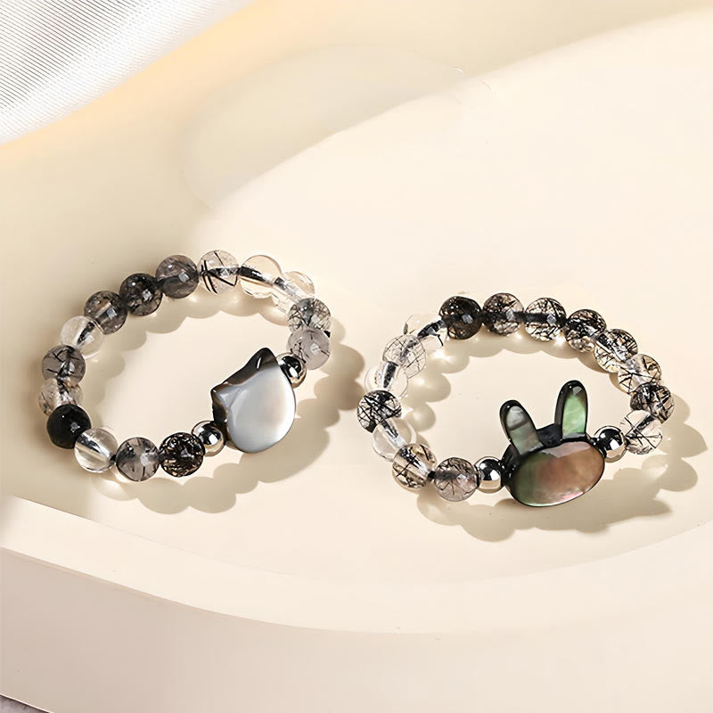 3mm Black Rutilated Quartz & Tridacna Beaded Elastic Ring with Rabbit or Cat Totem