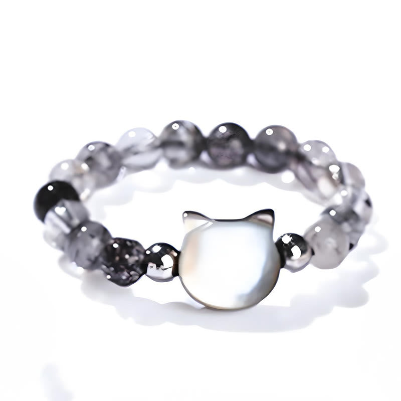 3mm Black Rutilated Quartz & Tridacna Beaded Elastic Ring with Rabbit or Cat Totem