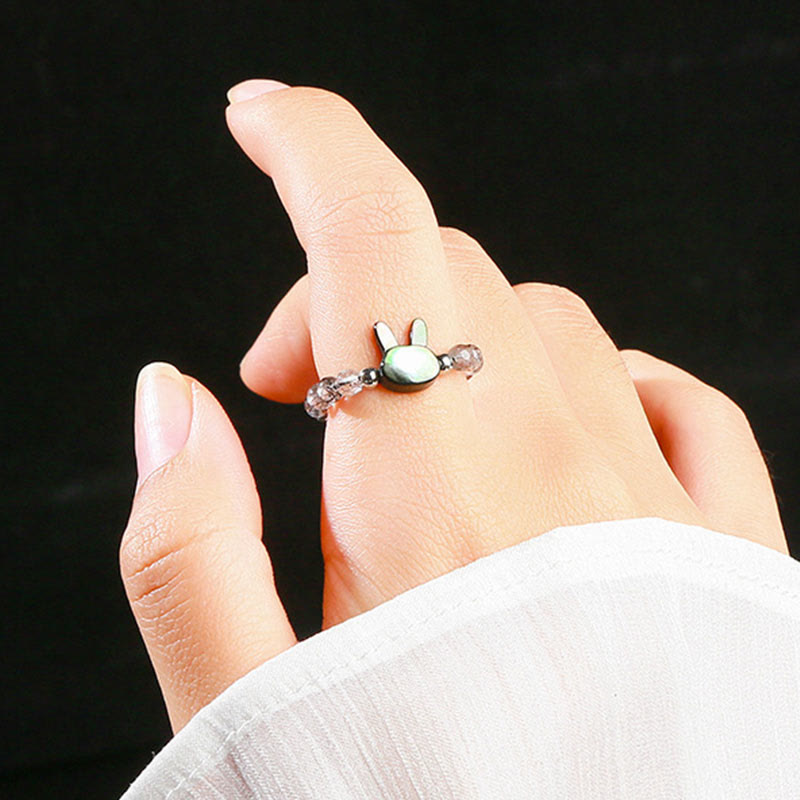 3mm Black Rutilated Quartz & Tridacna Beaded Elastic Ring with Rabbit or Cat Totem
