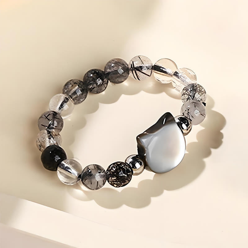 3mm Black Rutilated Quartz & Tridacna Beaded Elastic Ring with Rabbit or Cat Totem