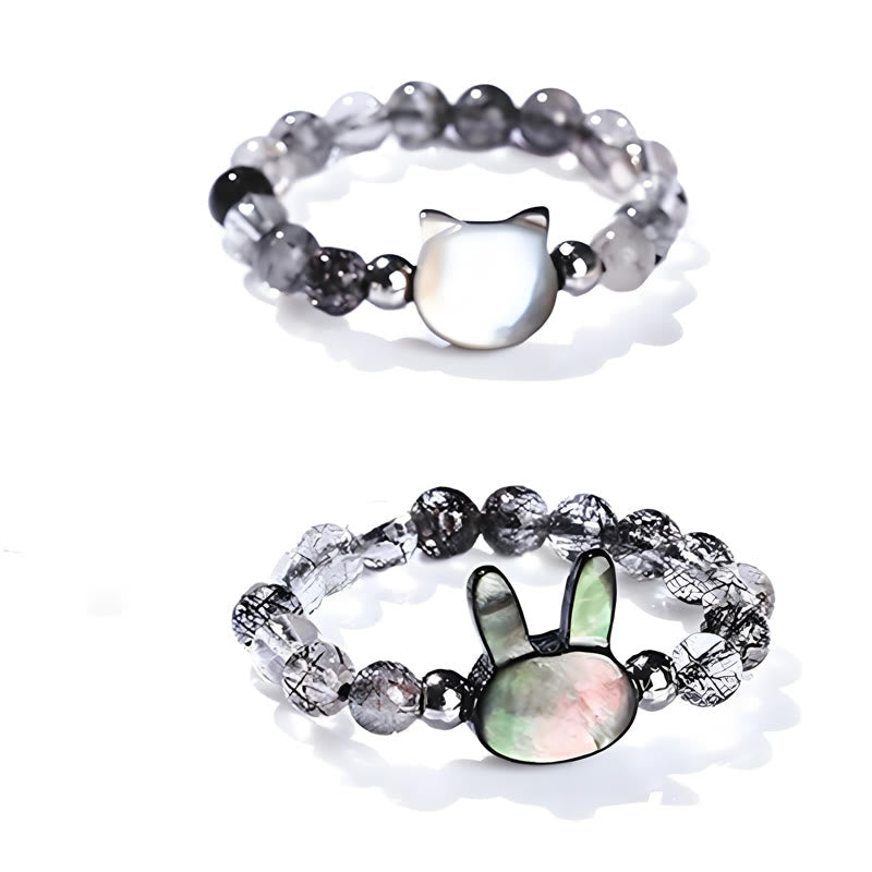 3mm Black Rutilated Quartz & Tridacna Beaded Elastic Ring with Rabbit or Cat Totem