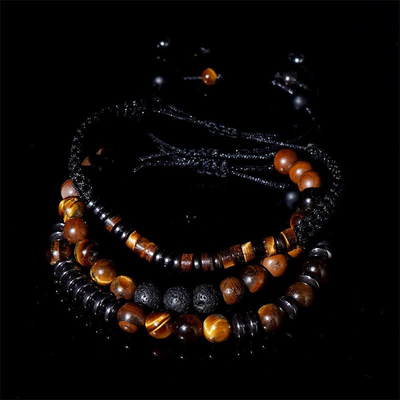 Adjustable Tiger Eye and Lava Stone 3-Piece Stackable Bracelet Set