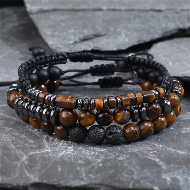 Adjustable Tiger Eye and Lava Stone 3-Piece Stackable Bracelet Set