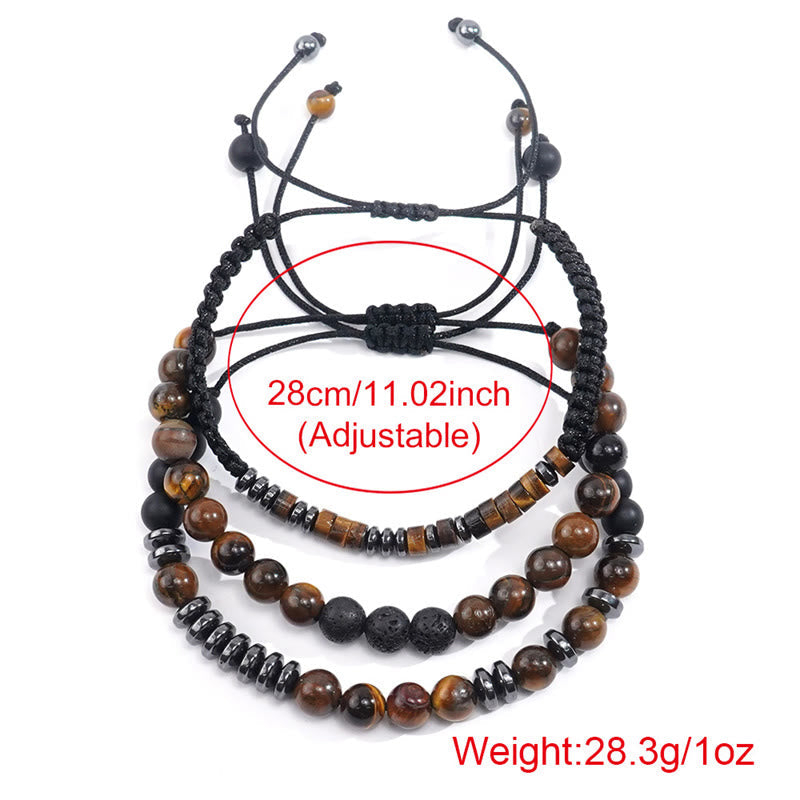 Adjustable Tiger Eye and Lava Stone 3-Piece Stackable Bracelet Set