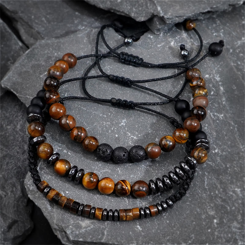 Adjustable Tiger Eye and Lava Stone 3-Piece Stackable Bracelet Set
