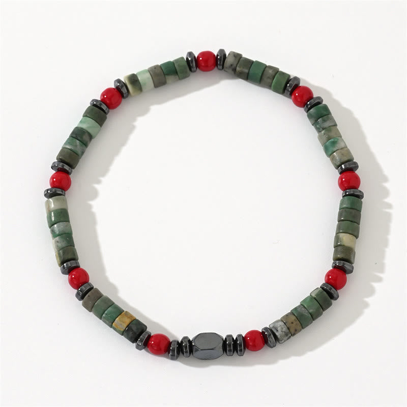 Natural Hematite and Red Coral with Green Stone Grounding Bracelet