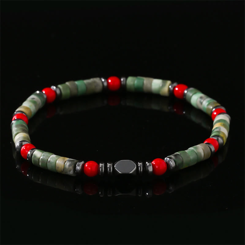 Natural Hematite and Red Coral with Green Stone Grounding Bracelet