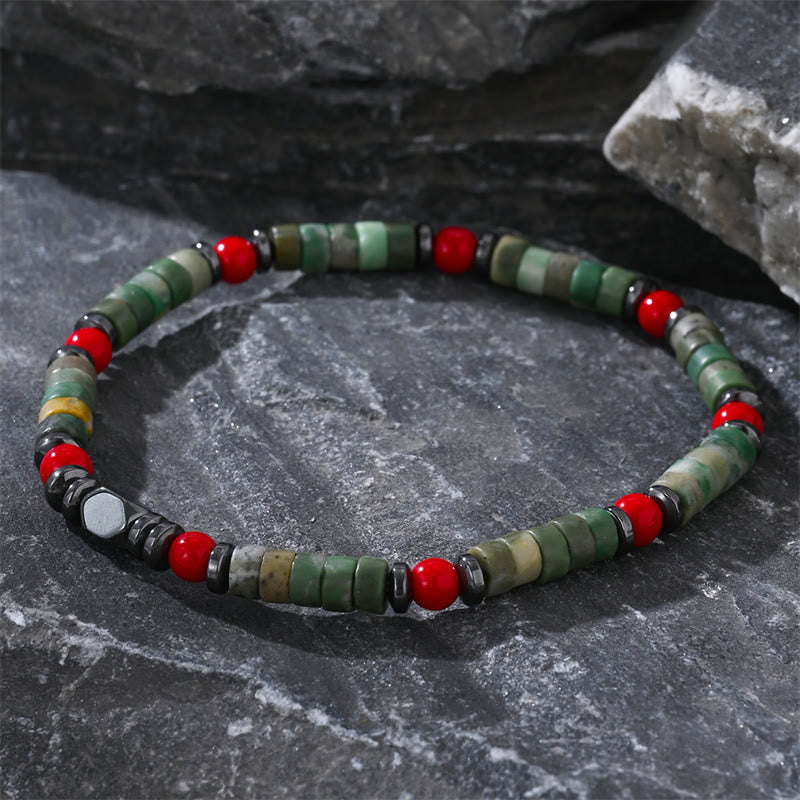 Natural Hematite and Red Coral with Green Stone Grounding Bracelet