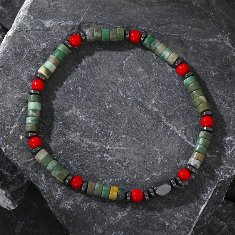 Natural Hematite and Red Coral with Green Stone Grounding Bracelet