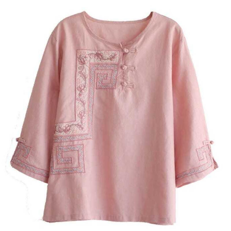 Vine Embroidery Frog-button Cotton Linen Three Quarter Sleeve Women's Shirt