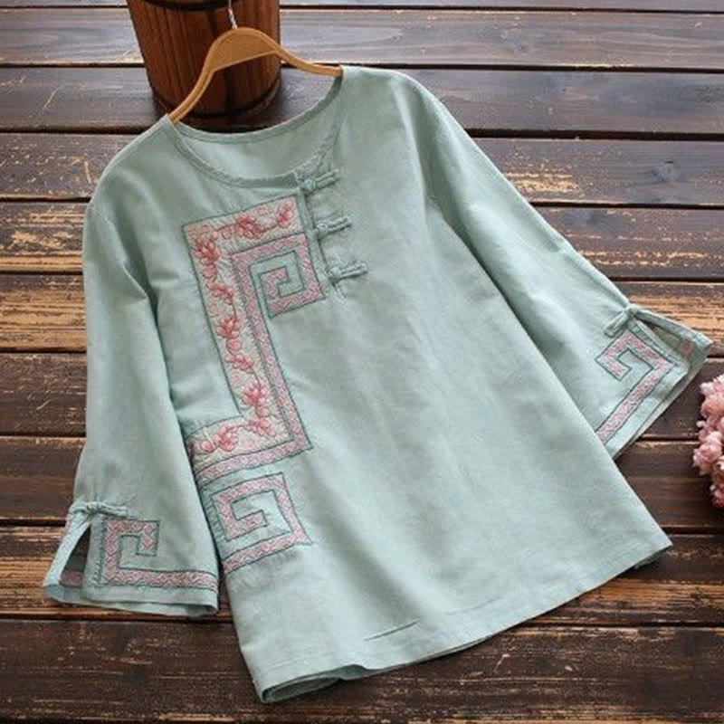 Vine Embroidery Frog-button Cotton Linen Three Quarter Sleeve Women's Shirt