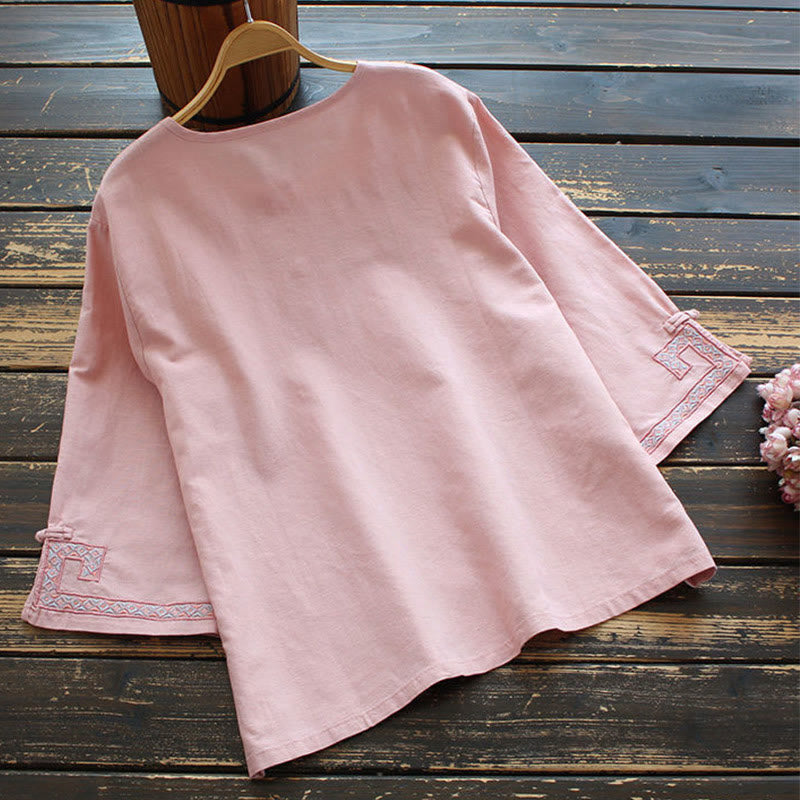 Vine Embroidery Frog-button Cotton Linen Three Quarter Sleeve Women's Shirt