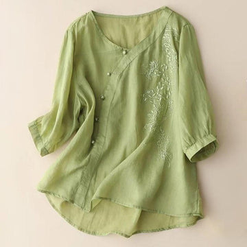 Cotton Linen Embroidered V-Neck Mindful Shirt