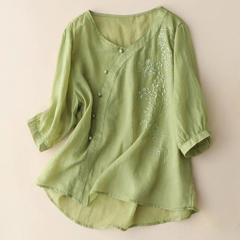 Cotton Linen Embroidered V-Neck Mindful Shirt