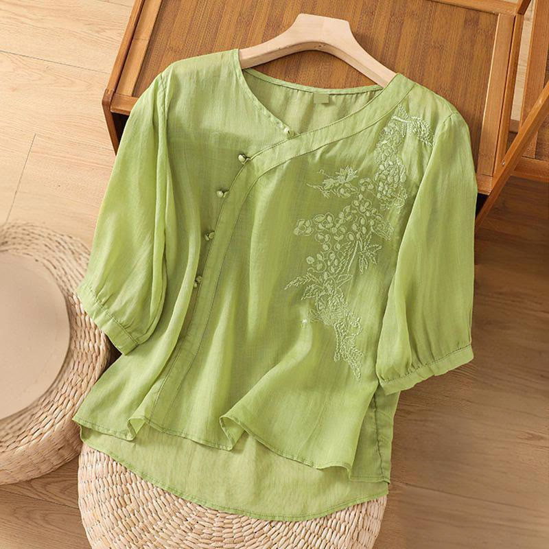 Cotton Linen Embroidered V-Neck Mindful Shirt