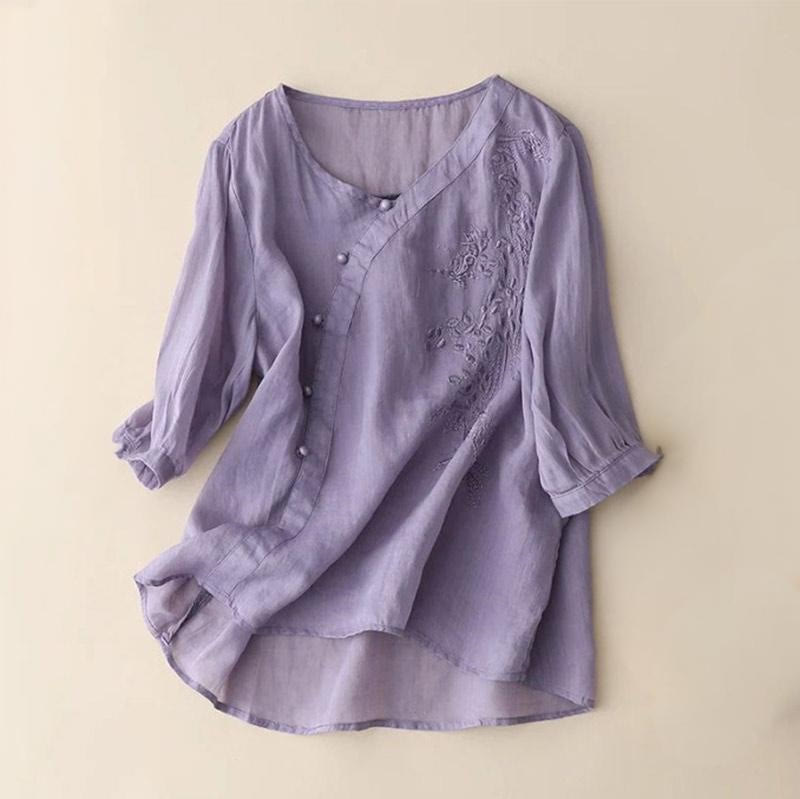 Cotton Linen Embroidered V-Neck Mindful Shirt
