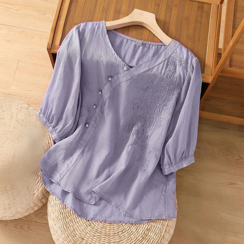 Cotton Linen Embroidered V-Neck Mindful Shirt