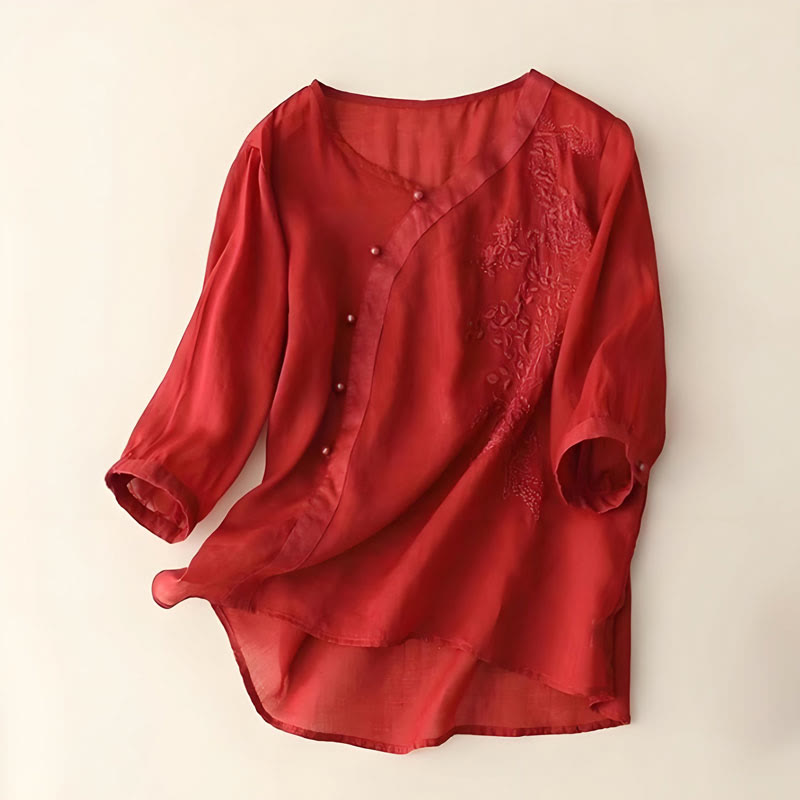 Cotton Linen Embroidered V-Neck Mindful Shirt