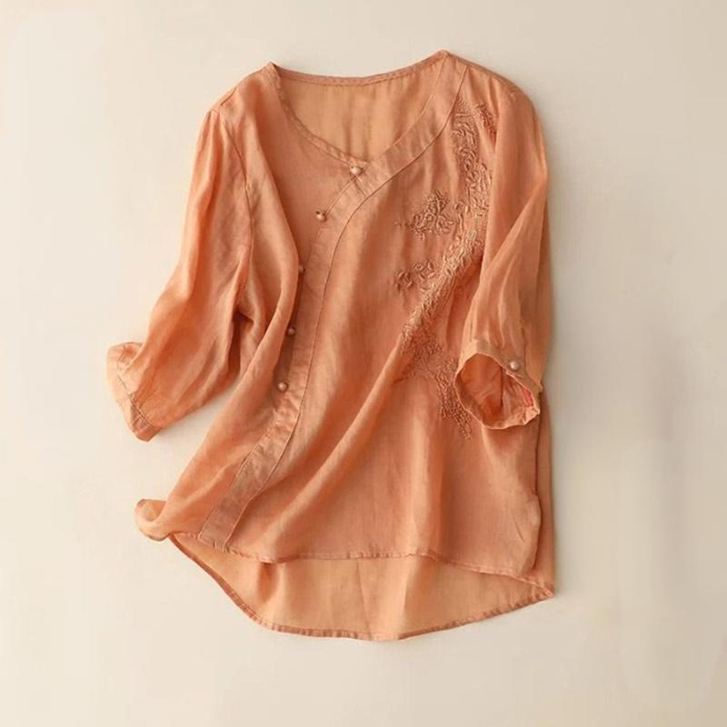 Cotton Linen Embroidered V-Neck Mindful Shirt