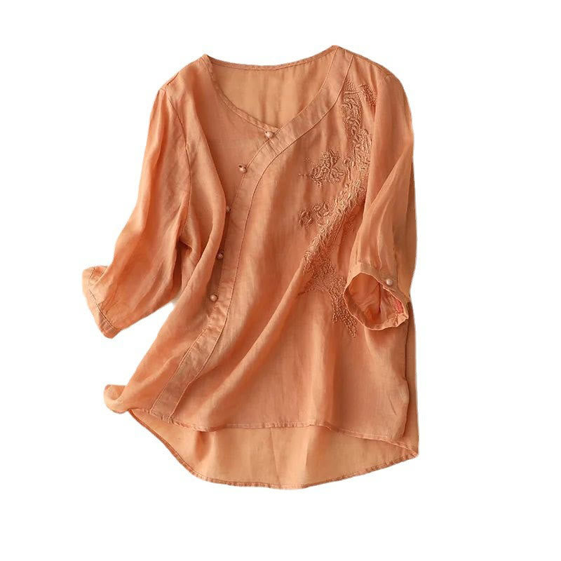 Cotton Linen Embroidered V-Neck Mindful Shirt