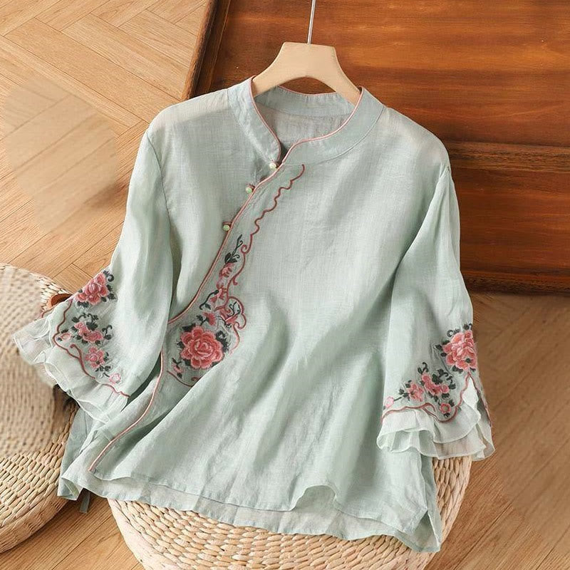 Casual Loose Peony Embroidery Frog Button Three Quarter Sleeve Women's Shirt