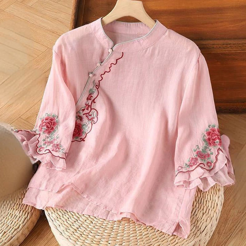 Casual Loose Peony Embroidery Frog Button Three Quarter Sleeve Women's Shirt