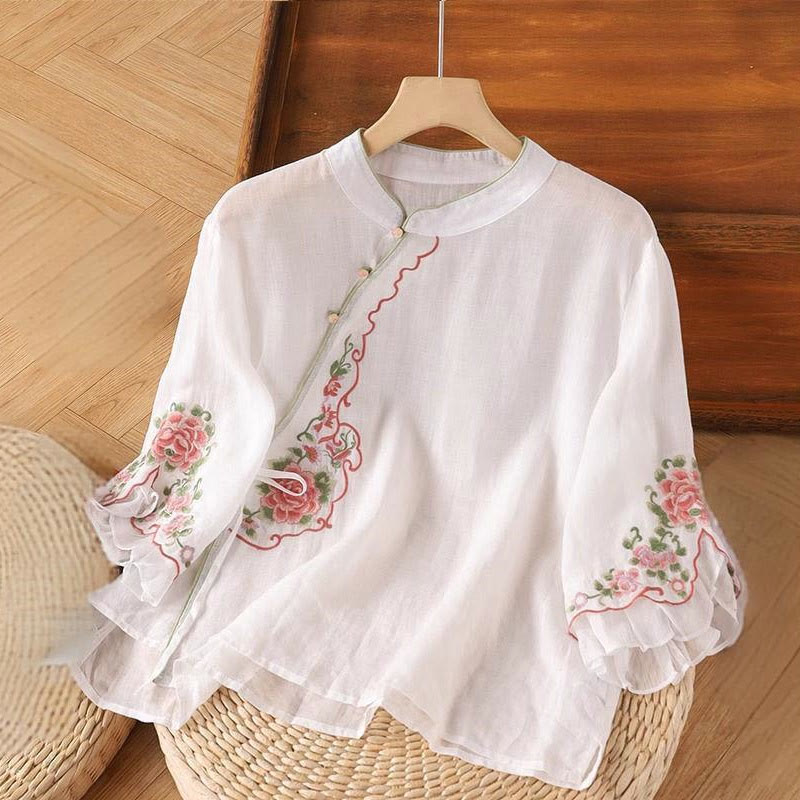 Casual Loose Peony Embroidery Frog Button Three Quarter Sleeve Women's Shirt