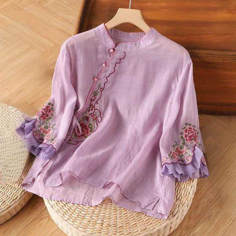 Casual Loose Peony Embroidery Frog Button Three Quarter Sleeve Women's Shirt