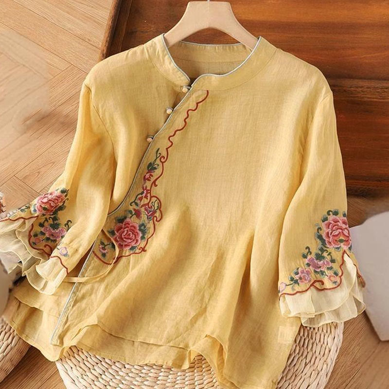 Casual Loose Peony Embroidery Frog Button Three Quarter Sleeve Women's Shirt