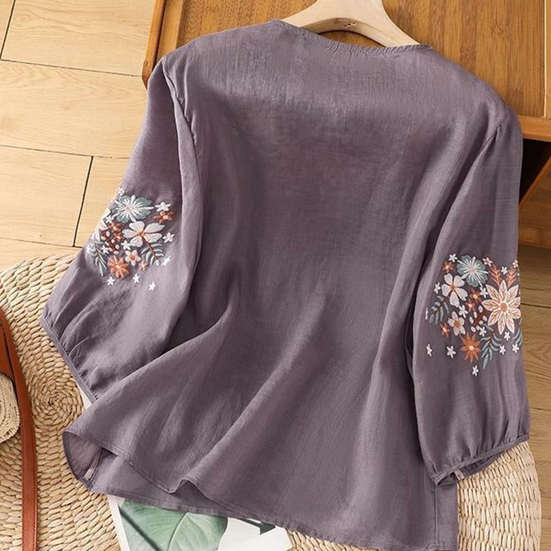 Embroidered Cotton Linen Three-Quarter Sleeve Mindful T-Shirt
