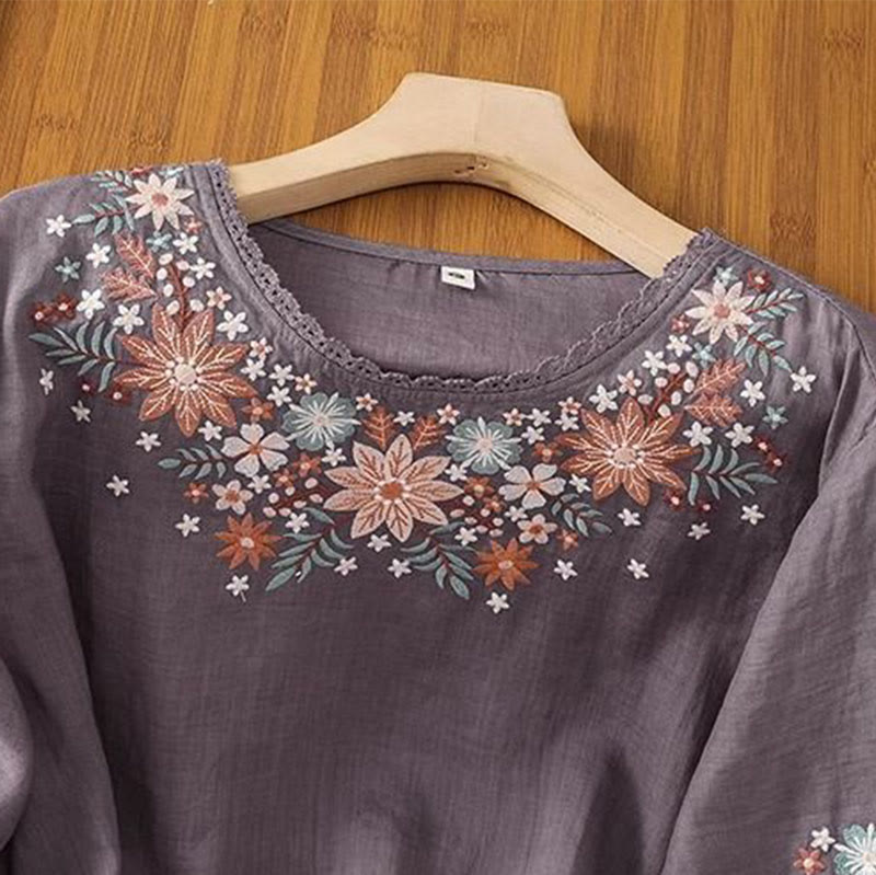 Embroidered Cotton Linen Three-Quarter Sleeve Mindful T-Shirt