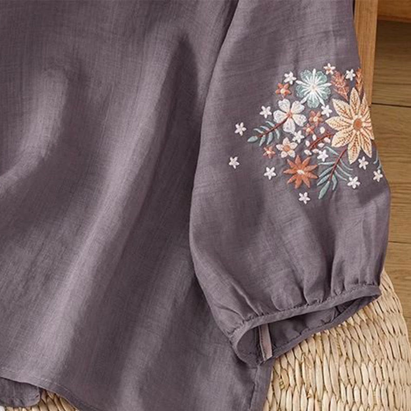 Embroidered Cotton Linen Three-Quarter Sleeve Mindful T-Shirt