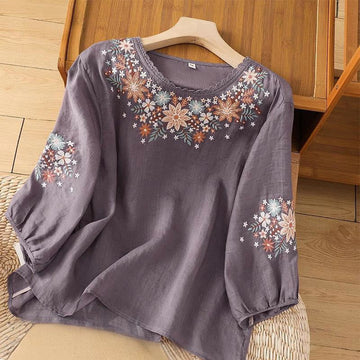 Embroidered Cotton Linen Three-Quarter Sleeve Mindful T-Shirt
