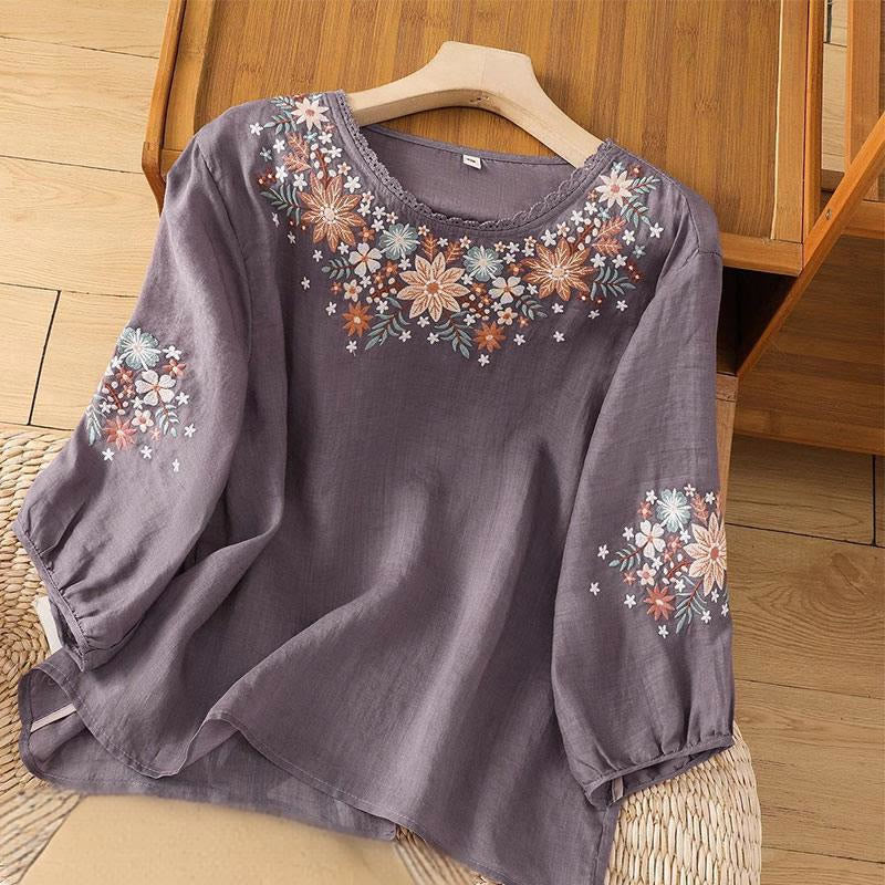 Embroidered Cotton Linen Three-Quarter Sleeve Mindful T-Shirt