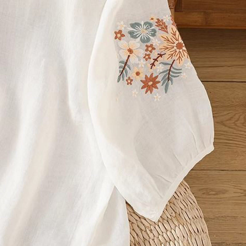 Embroidered Cotton Linen Three-Quarter Sleeve Mindful T-Shirt