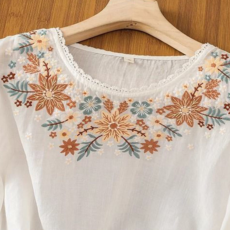 Embroidered Cotton Linen Three-Quarter Sleeve Mindful T-Shirt