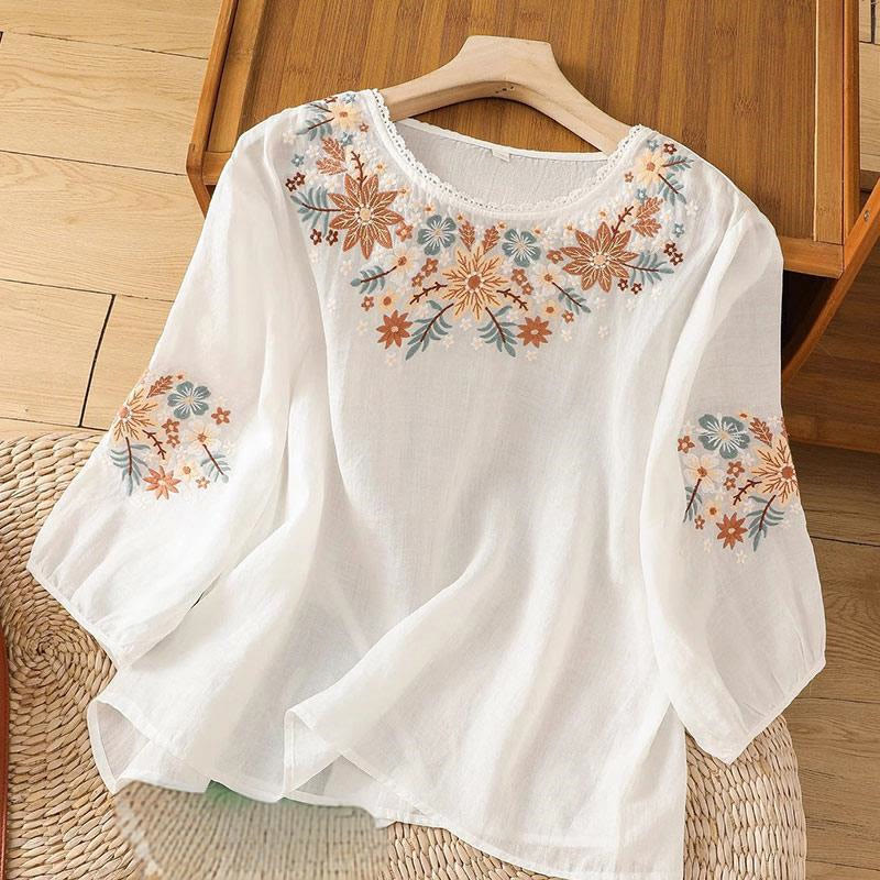 Embroidered Cotton Linen Three-Quarter Sleeve Mindful T-Shirt