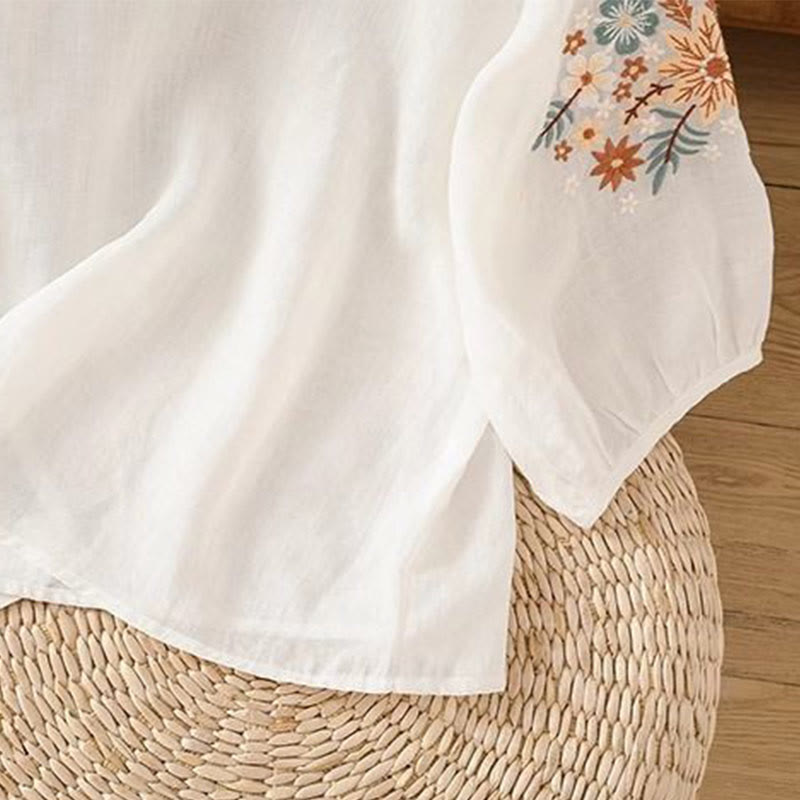 Embroidered Cotton Linen Three-Quarter Sleeve Mindful T-Shirt