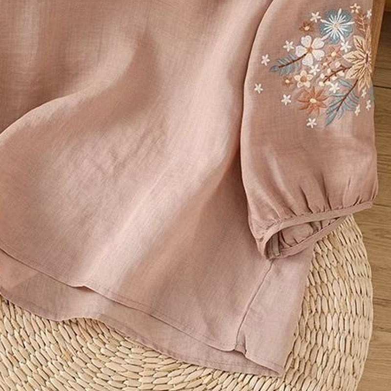 Embroidered Cotton Linen Three-Quarter Sleeve Mindful T-Shirt