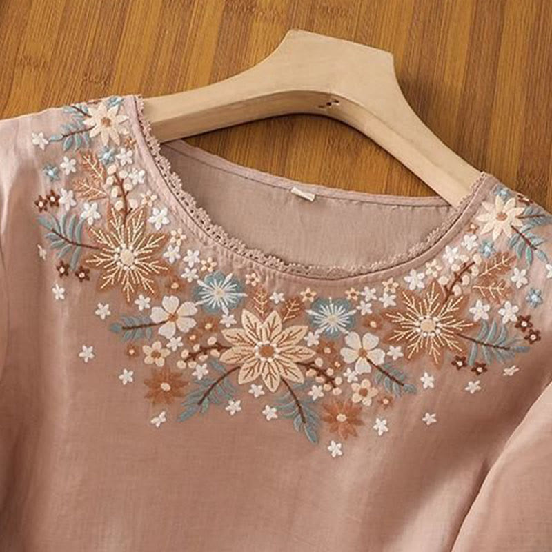 Embroidered Cotton Linen Three-Quarter Sleeve Mindful T-Shirt