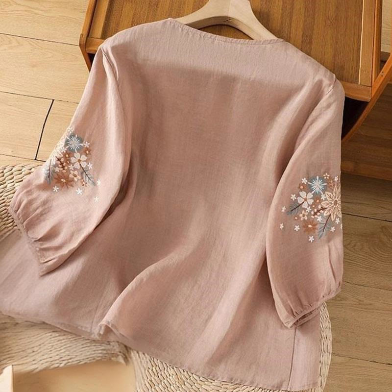 Embroidered Cotton Linen Three-Quarter Sleeve Mindful T-Shirt