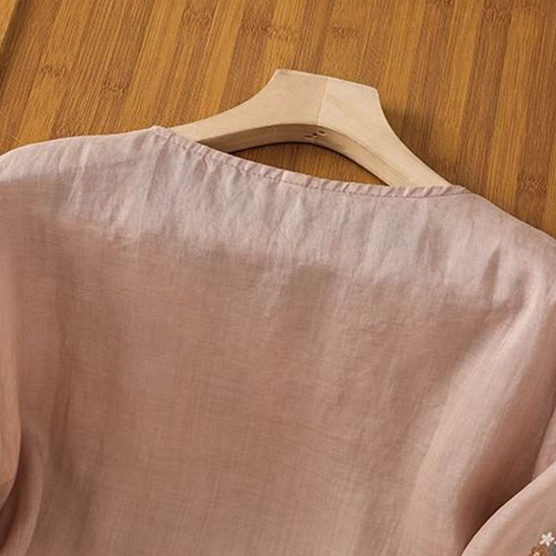 Embroidered Cotton Linen Three-Quarter Sleeve Mindful T-Shirt