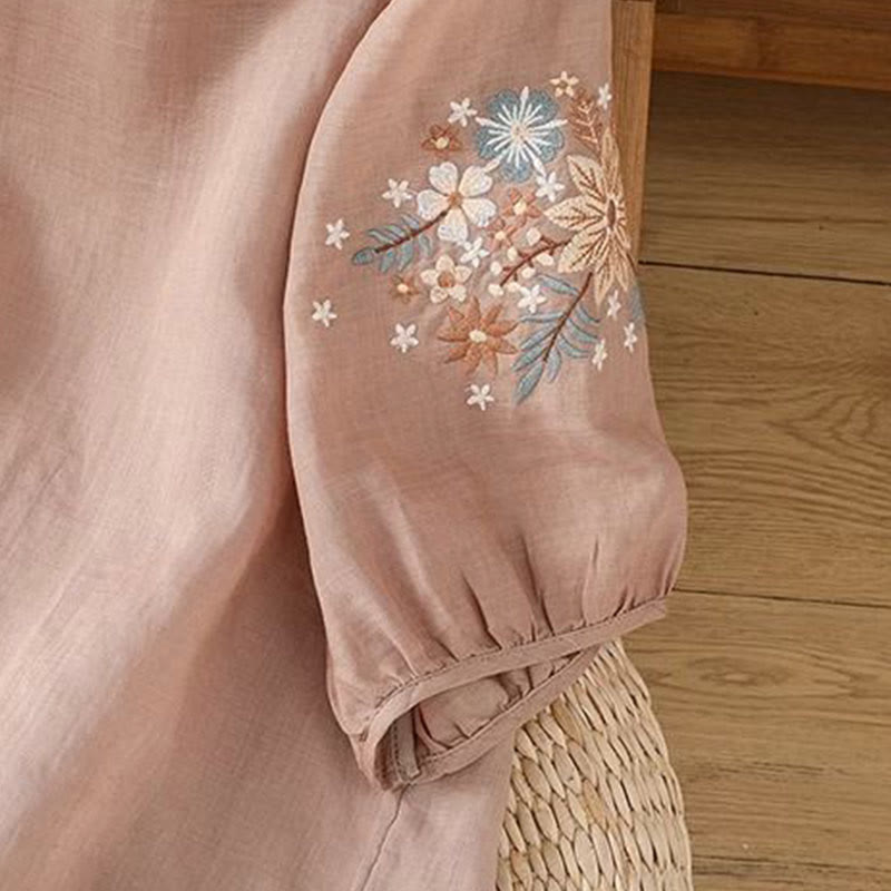 Embroidered Cotton Linen Three-Quarter Sleeve Mindful T-Shirt