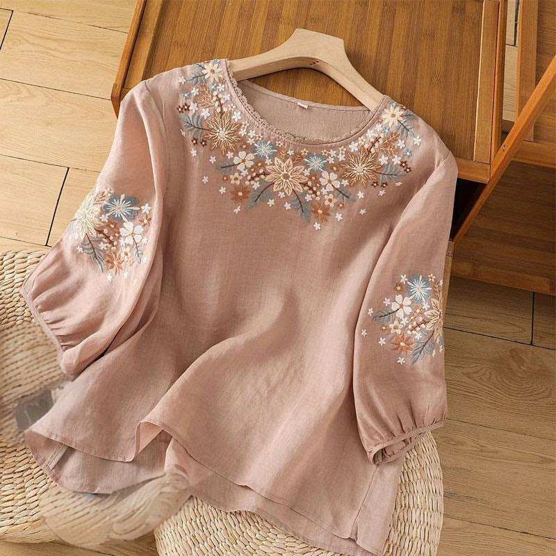 Embroidered Cotton Linen Three-Quarter Sleeve Mindful T-Shirt