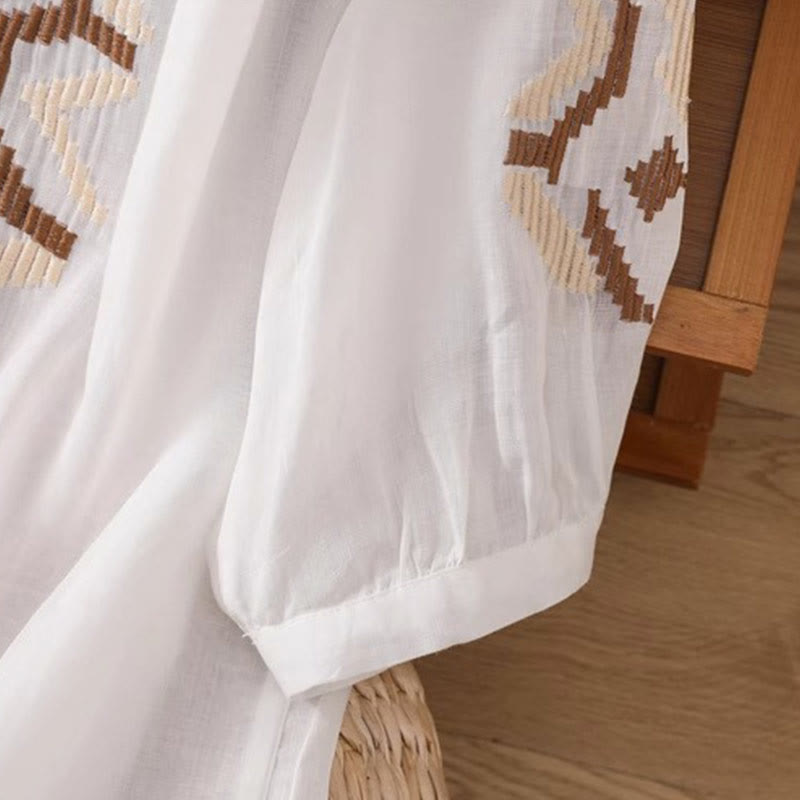 Symmetrical Embroidered Lightweight Meditation Half-Sleeve T-Shirt
