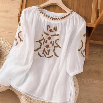 Symmetrical Embroidered Lightweight Meditation Half-Sleeve T-Shirt