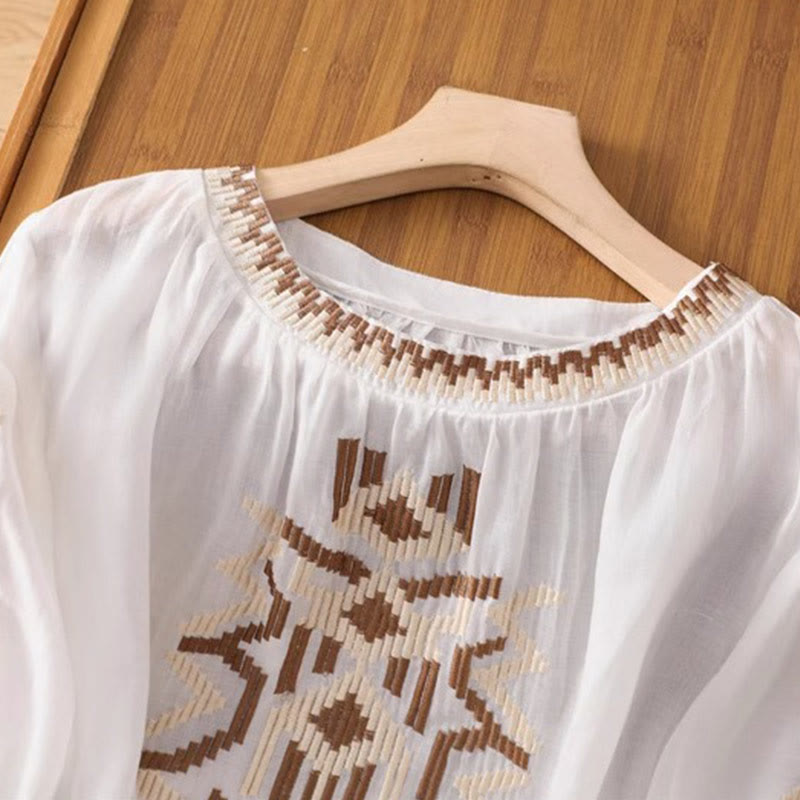 Symmetrical Embroidered Lightweight Meditation Half-Sleeve T-Shirt
