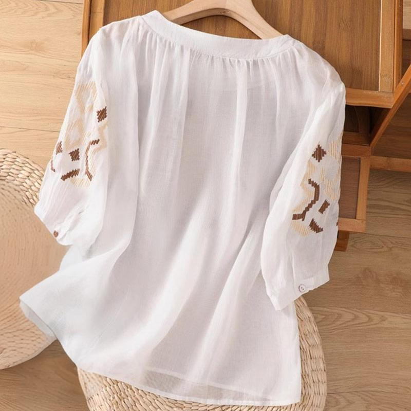 Symmetrical Embroidered Lightweight Meditation Half-Sleeve T-Shirt