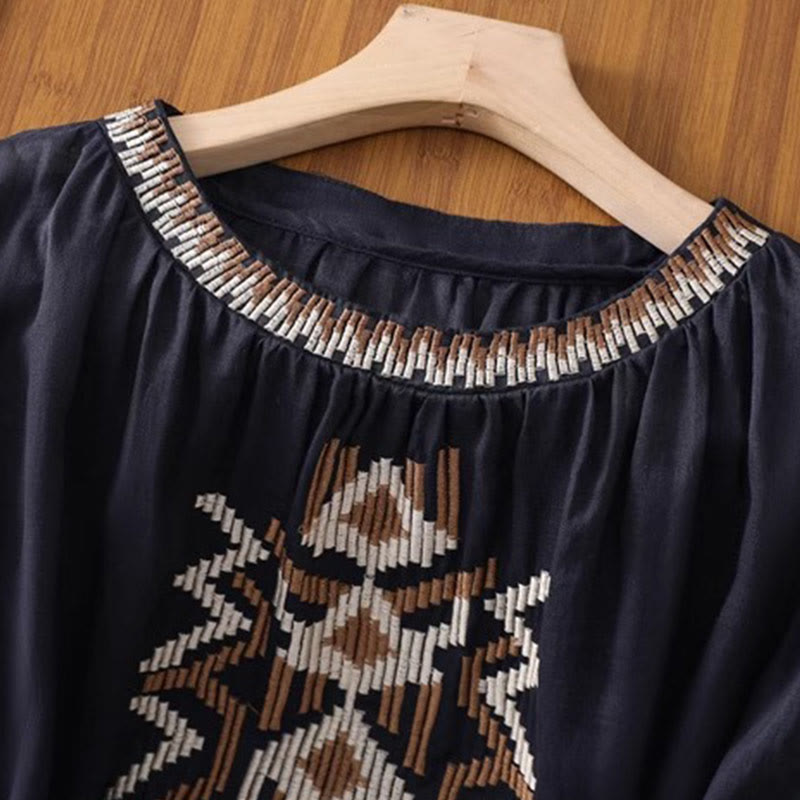 Symmetrical Embroidered Lightweight Meditation Half-Sleeve T-Shirt