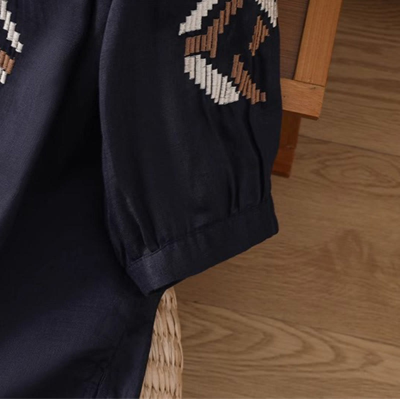 Symmetrical Embroidered Lightweight Meditation Half-Sleeve T-Shirt